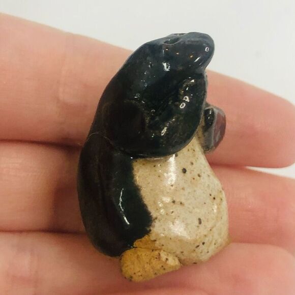 handmade handcrafted clay pottery penguins brown and black glazed 2.5 3 inch - Picture 10 of 12